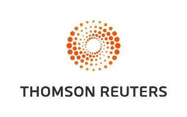 Thomson Reuters logo featuring an orange circular pattern made of dots above the words "THOMSON REUTERS" in bold, black capital letters on a white background.