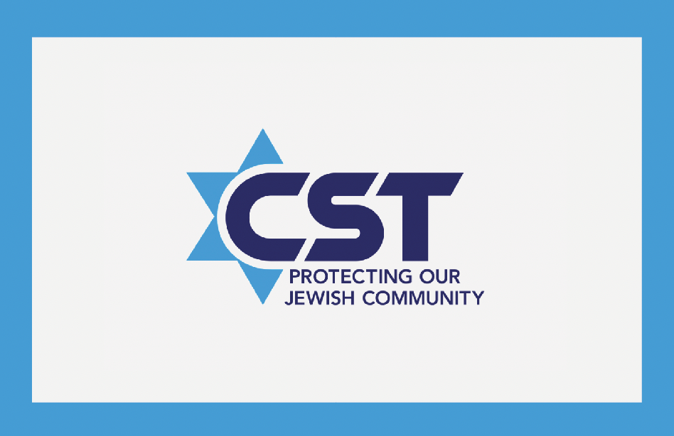 The image shows the CST logo with a blue Star of David and the text "CST Protecting Our Jewish Community" on a white background, bordered by a thick blue frame.
