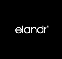 White lowercase text "elandr" with a registered trademark symbol on a solid black background.