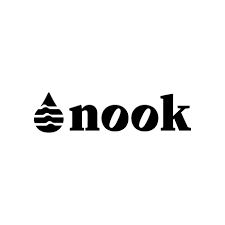 The image shows the word "nook" in bold, rounded black letters. To the left, there is a water droplet with three horizontal lines, resembling waves, inside it.