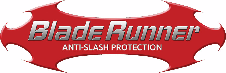 Logo with the words "Blade Runner" in metallic text and "ANTI-SLASH PROTECTION" below, set on a red blade-shaped background with pointed edges.