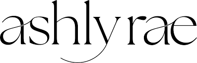 The image displays the stylized text "ashly rae" in elegant, flowing black font on a white background.