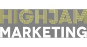 Logo with the words "HIGHJAM" in yellow outlined, striped letters above the word "MARKETING" in bold white letters, all set against a gray background.