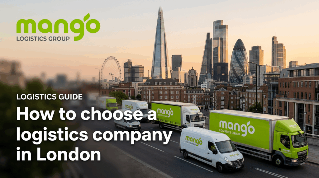 A row of green Mango Logistics vans drives through London with the Shard, London Eye, and city skyline in the background. Text reads: &ldquo;How to choose a logistics company in London.&rdquo; Whether you&rsquo;re seeking efficient deliveries or reliable service, finding the right logistics company in London is essential for your business success.