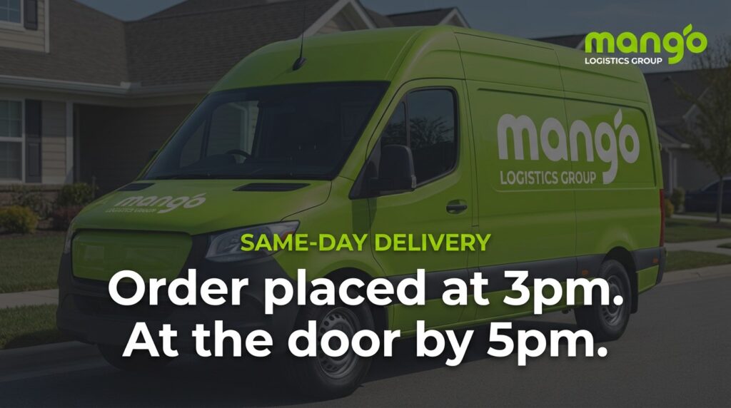 A green Mango Logistics Group van is parked on a residential street. Text reads: &ldquo;SAME-DAY DELIVERY. Order placed at 3pm. At the door by 5pm.&rdquo; With efficient third-party fulfilment, Mango Logistics Group ensures swift delivery every time. The Mango Logistics Group logo is in the top right corner.